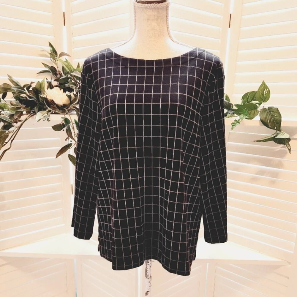 J. JILL PLAID BRN/BLACK SLIT SIDES BUTTON SLEEVE ACCENTS SIZE LARGE P